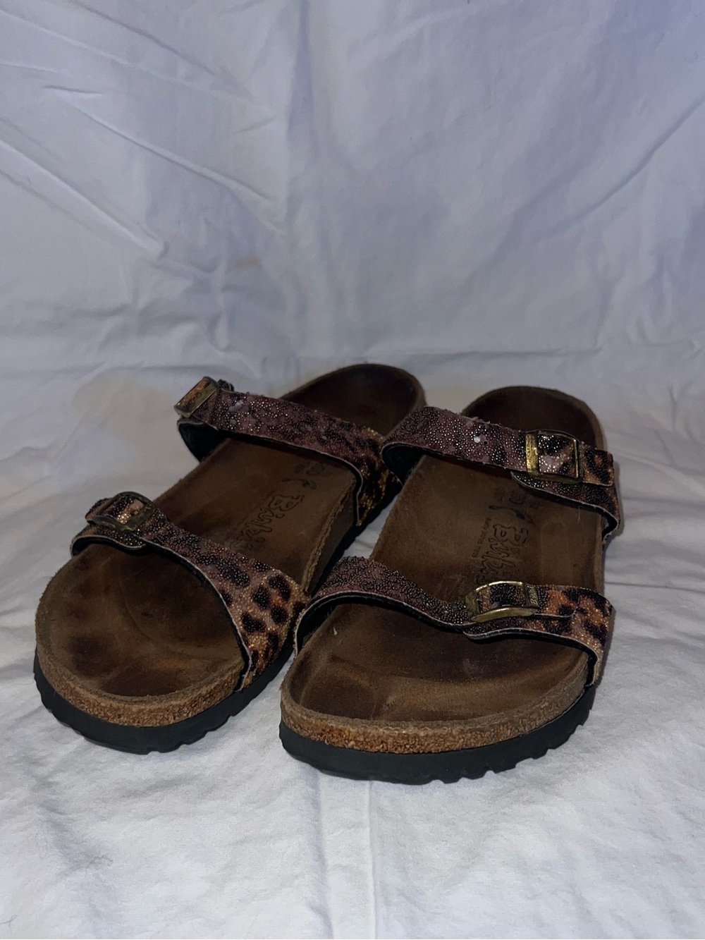 Birkenstock Leopard-Pattern Dual Strap Sandals in Brown and Black birkis